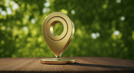 Poster - Location pin on wooden table showcasing modern technology and navigation concepts