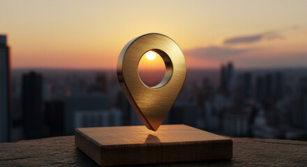 Poster - Location marker at sunset against urban skyline with golden hue