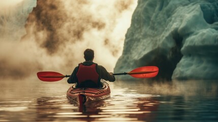 A kayaker boating in sea water with iceberg.