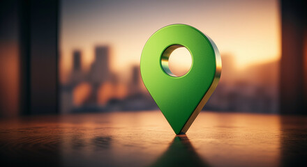  - Location pin design in modern technology setting against urban backdrop