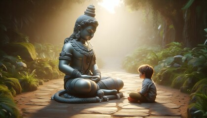 a little boy sitting on the ground next to a statue of god, ai generative	