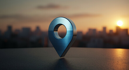 Poster - Location pin symbol with navigation icon against sunset backdrop
