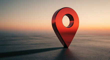 Poster - Location pin marker on a textured surface at sunset with reflection