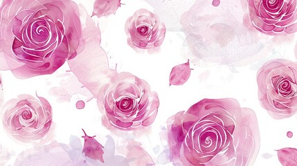 Wall Mural - Watercolor painting of pink roses pattern background