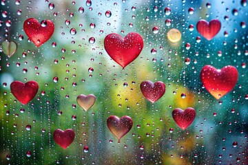 Canvas Print - Raindrops on glass with hearts reflected