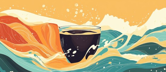 Abstract illustration of a surreal dark coffee drink featuring sea waves A creative concept for a morning energy beverage promoting positivity and fantasy Suitable for postcards prints and book il