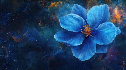 Surreal illustration of a floating blue flower against an abstract background