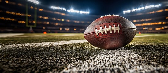 Aufkleber - A shot of a well-worn football lying on the field ready for the game to begin under the bright stadium lights Large space for text in center Stock Photo with copy space