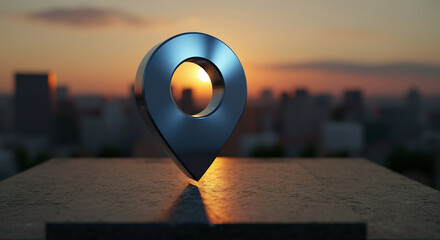 Poster - Location marker on a city skyline at sunset with a glowing effect