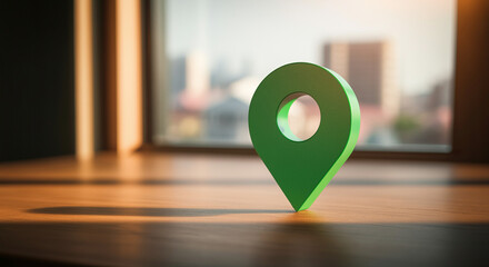 Poster - Location pin symbolizing technology and navigation in an urban setting with vibrant colors and soft lighting