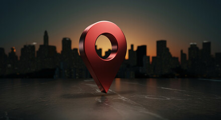 Poster - Location pin in cityscape background with vibrant sunset map marker and navigation symbol
