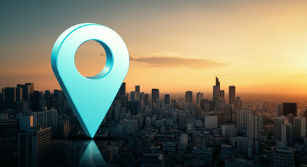  - Location marker in urban skyline at sunset highlighting city navigation and travel inspiration