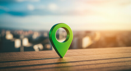 Poster - Location pin marker on wooden surface against city background with sunset lighting