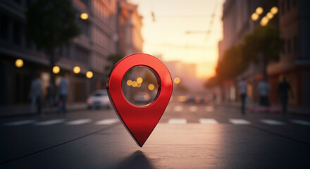 Poster - Location pin in city street at sunset highlighting urban navigation and travel