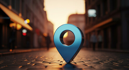 Poster - Map pin marker on street indicating location in urban setting during sunset