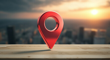 Poster - Location pin and travel marker in urban setting with sunset illumination