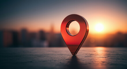 Poster - Location pin with travel icon silhouette against sunset background highlighting exploration and navigation theme