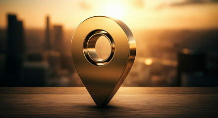 Poster - location pin symbolizing geolocation in a modern urban setting during sunset
