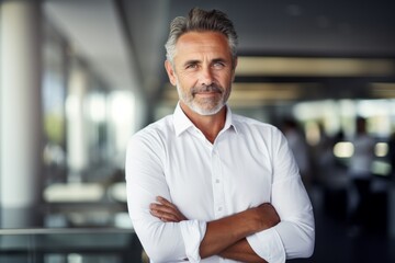 Canvas Print - Portrait of a content man in his 50s wearing a classic white shirt over sophisticated corporate office background