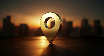Poster - Location pin against city skyline at sunset with a modern aesthetic