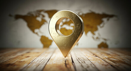 Poster - location pin above wooden table with world map background for navigation and travel