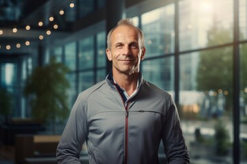 Poster - Portrait of a cheerful man in his 50s sporting a breathable mesh jersey on sophisticated corporate office background