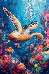 Wall Mural - Diver with colorful beautiful coral reef with sea turtle