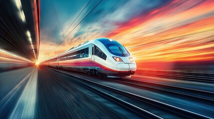 Poster - A high-speed train in a vibrant sunset scene, with a large open area in the sky for ample text space