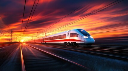 Poster - A high-speed train in a vibrant sunset scene, with a large open area in the sky for ample text space