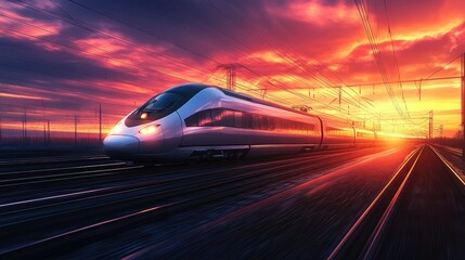 Poster - A high-speed train in a vibrant sunset scene, with a large open area in the sky for ample text space