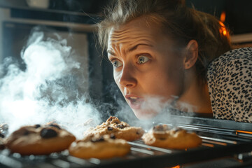 Surprised woman is staring at a batch of cookies, emanating thick smoke, inside a kitchen oven