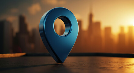  - Location pin in 3D technology design with urban background and sunset lighting