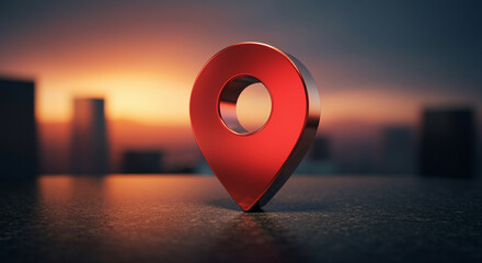 Poster - Location pin symbol on a table with technology background during sunset