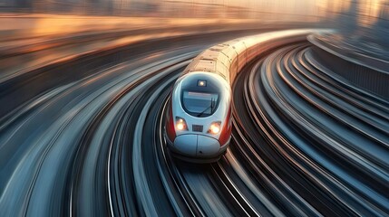 Poster - A high-speed train in motion on a curved track with a soft-focus background offering ample room for text.