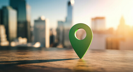  - Location marker on the table with technology icons in a cityscape background during sunset