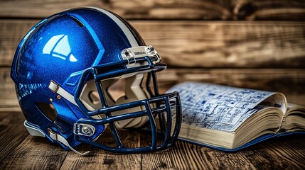 Aufkleber - A close-up of a football helmet with a playbook opened to a strategic play diagram lying next to it on the bench Large space for text in center Stock Photo with copy space