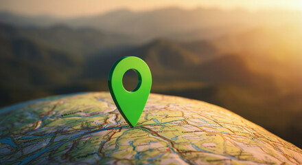Poster - map pin on geographical map with scenic landscape background highlighting location and navigation
