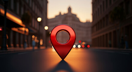 Poster - location pin on city street with soft focus background modern map marker in urban setting at sunset