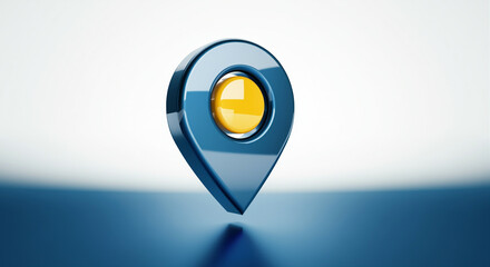 Poster - location marker 3D design with yellow center on blue background for navigation and mapping purposes