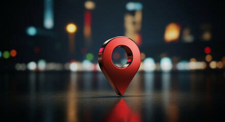 Poster - Location pin marker standing out in vibrant city lights at night for navigation purposes