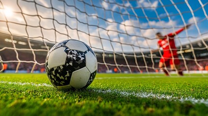 Poster - A dramatic action shot of a kicker in mid-motion as he kicks the ball towards the goalpost with the crowd watching Large space for text in center Stock Photo with copy space