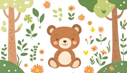 Canvas Print - Cute Cartoon Teddy Bear in a Floral Forest