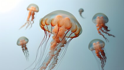 Wall Mural - Ethereal Jellyfish Gliding Gracefully in Tranquil Serenity Against a White Background