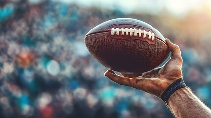 Wall Mural - A close-up of a wide receivers hands catching a football in mid-air with intense focus as the crowd cheers Large space for text in center Stock Photo with copy space