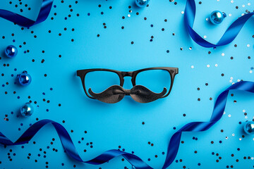 Movember month background with blue ribbons, glasses and ties.