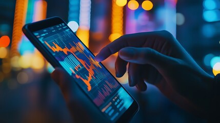 Poster - Analyzing stock market data on a smartphone at night in a vibrant urban environment with colorful lights
