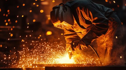 Welder works on molten iron in a casting foundry as sparks fly against the backdrop of glowing metal