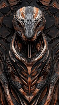 A detailed line art of a half-cobra, half-robot with its hood fully flared, facing directly into the