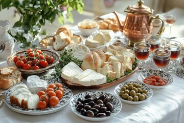 Traditional Turkish Kahvaltı Breakfast Spread on a Clean White Linen Table with Cultural Dishes and Fresh Ingredients for a Modern and Authentic Dining Experience Best for Food Content