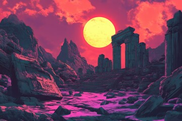 Wall Mural - Ancient Ruins Under a Crimson Sky with a Large Sun